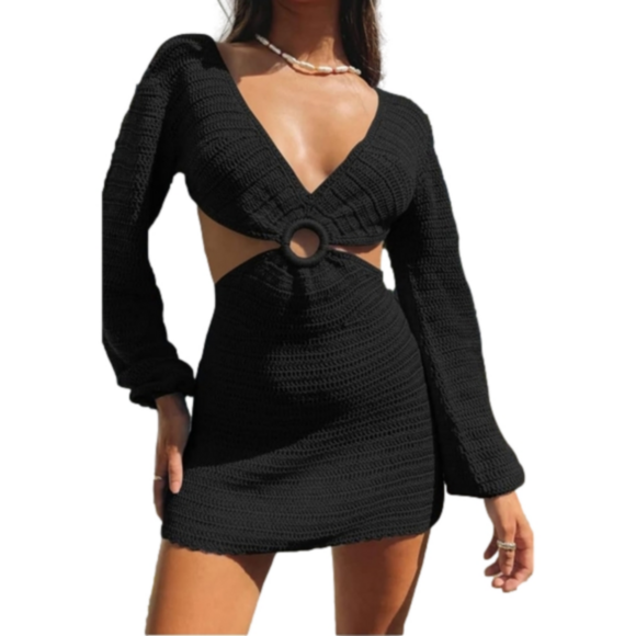 NWOT Black Swim Cover Up Women's Fall Swimsuit Beach Crochet Party Dress - Picture 2 of 15